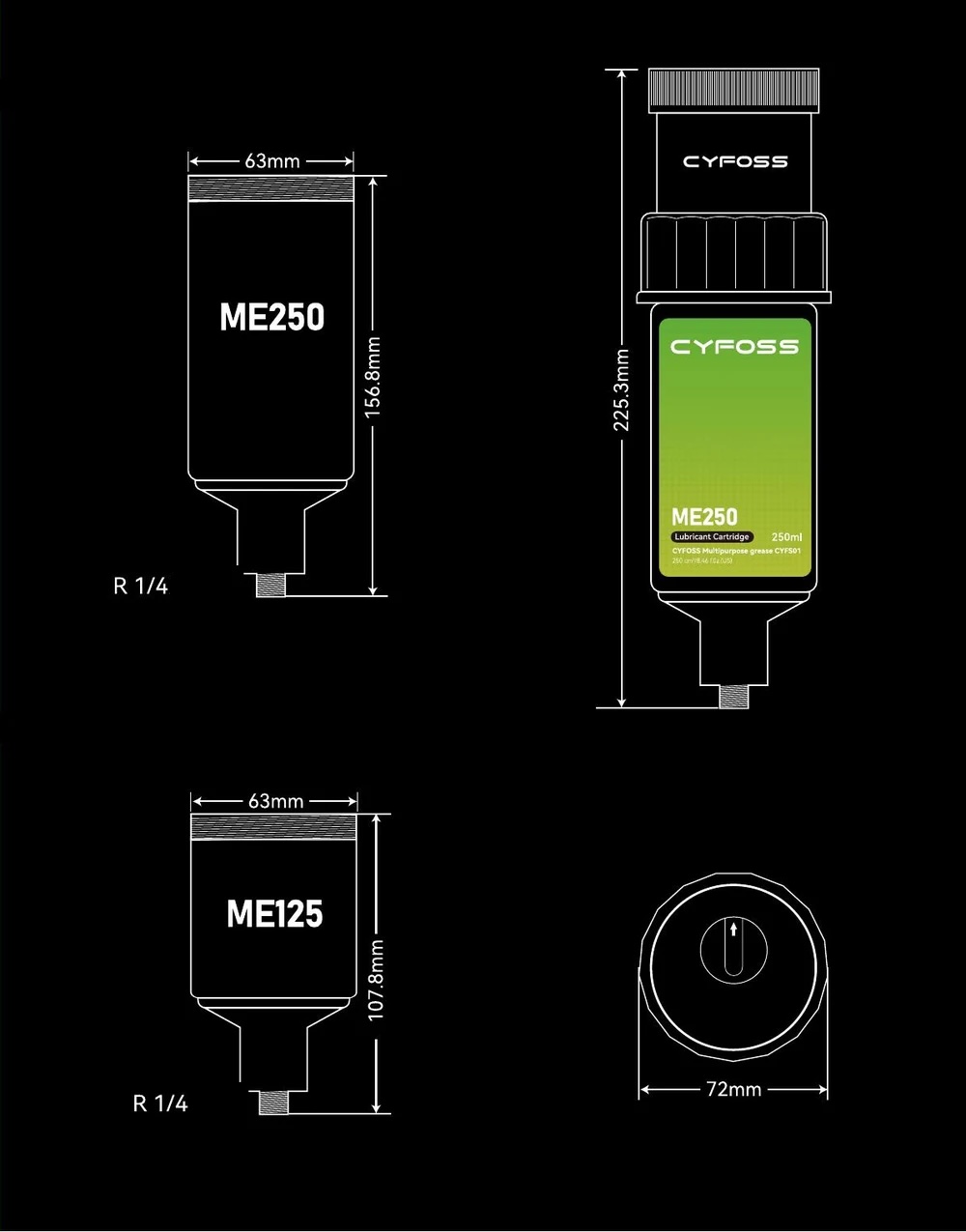 Product dimensions (mm) — 250-set and 125-set